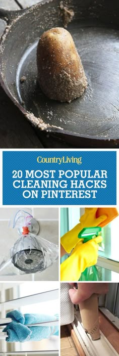 the top ten most popular cleaning hacks on pinterest, including baking mitts and sponges