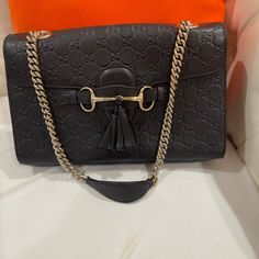 Authentic Guccissima Medium Emily Flap Chain Shoulder Bag Black In Great Condition Smoke/Pet Free Home Bags Gucci, Shoulder Bag Black, Gucci Bags, Chain Shoulder Bag, Gucci Bag, Bag Lady, Gucci, Shoulder Bag, Pet