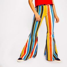 We The Free Flare Jeans By Free People. Size 24. Stock Photo Is Similar Style But Sightly Different Color And Silhouette. Same Cost And Brand! Slightly Less Flared Than Just Float On Jean. New With Tags. Spring Multicolor Print Cotton Bottoms, Multicolor Flare Pants For Summer, Multicolor Flare Summer Pants, Bold Multicolor Spring Pants, Retro Multicolor Color Block Bottoms, Casual Stretch Rainbow Bottoms, Multicolor Wide Leg Bottoms With Vibrant Print, Fitted Cotton Bottoms With Color Block, High Waist Colorful Bottoms For Spring