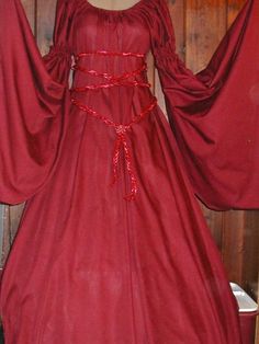 Long Maroon red Renaissance chemise style dress puff sleeve shoulder & long dagged sleeve fantasy Co Fairy Style Dress, Red Flowy Dress, Fantasy Wedding Dresses, Cord Belt, Medieval Clothes, Dress Puff Sleeve, Chemise Dress, Fairy Style, Red Gown