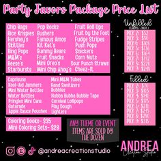 the party favors package list for an event with pink and black text, stars in the background