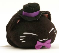 a small black cat purse with a purple bow tie and hat on it's head