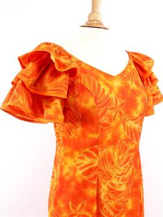 Monstera Orange Poly Cotton Hawaiian Big Ruffle Sleeve Long Dress | AlohaOutlet Poly Cotton Dress, Hawaiian Mumu Dress, Hawaiian Dress Pattern, Dress Hawaiian Style, Samoan Dress, Hawaiian Wear, Tahitian Costumes, Fiji Culture, Hawaiian Muumuu