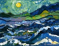 an abstract painting of waves and the moon