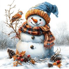 a painting of a snowman wearing a hat and scarf with two birds perched on it