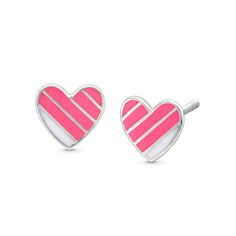 We are loving all things pink! These trendy pink and white enamel heart earrings are a playful treat. Made in responsibly sourced, nickel-free 925 sterling silver for everyday wear. Height: 6.6 mm Width: 7 mm Playful Pink Enamel Jewelry, Playful Pink Heart Earrings As Gift, Playful Pink Heart Earrings For Gift, Cute Pink Heart Earrings For Mother's Day, Playful Pink Heart Earrings For Valentine's Day, Pink Enamel Jewelry For Mother's Day, Trendy White Heart Earrings Gift, Trendy White Heart Earrings For Gift, Pink Sterling Silver Heart Earrings For Mother's Day