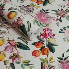 a floral wallpaper with pink flowers and green leaves on white background, including oranges