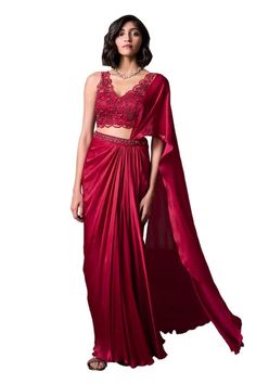 Red georgette satin pre-draped saree with cutdana, beads and sequins hand embellishments. Comes with a padded blouse. - Aza Fashions Elegant Red Art Silk Blouse Piece, Elegant Draped Art Silk Blouse Piece, Elegant Pre-draped Satin Saree For Festive Occasions, Elegant Satin Pre-draped Saree For Festive Occasions, Elegant Festive Pre-draped Satin Saree, Elegant Satin Pre-draped Saree For Festivities, Red Art Silk Blouse Piece For Formal Occasions, Formal Red Art Silk Blouse Piece, Elegant Red Blouse Piece For Evening