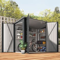 an outdoor storage shed with its doors open and a bicycle in the center, on a wooden deck