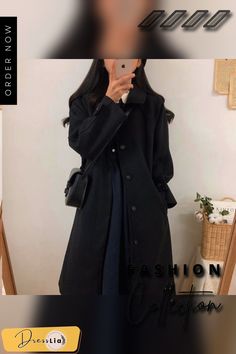 Autumn and Winter Black Long Coat Thickening Black Stand Collar Outerwear For Office, Casual Wool Coat With Buttons For Office, Casual Wool Office Coat, Casual Black Pea Coat With Button Closure, Black Plain Outerwear For Fall, Casual Black Single Breasted Pea Coat, Black Pea Coat For Spring, Casual Black Wool Coat, Black Wool Coat With Button Closure For Fall