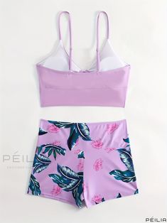 Peilia - Tropical Print Tankini Set: V Neck Top with Drawstring Strap and Boxer Short Bottom - Stylish Two-Piece Swimsuit for Women: Ideal Swimwear and Beachwear Printed Tankini, Swimsuit For Women, Two Piece Swimsuit, Bow Pattern, Tankini Set, V Neck Top, Boxer Shorts, Women's Swimwear, Fabric Medium