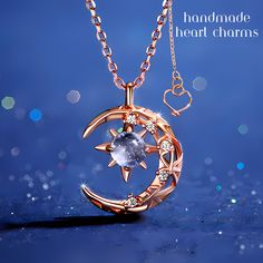 Beautiful Moon Necklaces are back and now come in a new size, making them even more versatile and wearable. The necklaces are made of copper but look like rose gold, giving them an elegant and luxurious look. Each movement gives your moon necklace a different look because of the way the light reflects the crystal. Package-Necklace is placed on a card and slipped into a plastic pouch. Gorgeous Moon Necklace, is a stunning piece of jewelry that will add a touch of celestial charm to any outfit. Th Luxury Moon Shaped Jewelry Gift, Luxury Whimsical Jewelry For Gifts, Luxury Celestial Jewelry With Large Pendant, Luxury Moon Shaped Women's Necklace, Luxury Moon-shaped Polished Jewelry, Luxury Celestial Large Pendant Jewelry, Luxury Polished Moon Shaped Jewelry, Luxury Moon Shaped Necklace For Women, Luxury Celestial Jewelry With Gemstone Accents