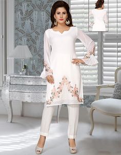 White Georgette Partywear Salwar Kameez Latest Salwar with Bottom Pant Comfortable and Easy Wear Dress belongs to the embroidery work at the front and sleeves Hijab and band shown in the image can be bought separately Fabric: GeorgetteCare: Mild machine wash/ hand Cold Wash/ Dry cleanWe request customers to carefully choose the correct size and dress length referring to our size chart White Designer Sets With Embroidered Sleeves, Designer White Sets With Embroidered Sleeves, Bollywood Style Straight Kurta Set With Embroidered Sleeves, Fitted Palazzo Set With Embroidered Sleeves, Floral Embroidery Pant Set For Eid Party, Eid Party Pant Set With Floral Embroidery, Elegant Diwali Dresses With Embroidered Sleeves, Elegant Dresses With Embroidered Sleeves For Diwali, Bollywood Style Salwar Kameez With Embroidered Sleeves