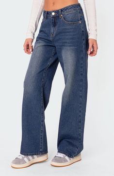 A slouchy fit and a well-placed fade bring favorite status to jeans cut from sturdy, all-cotton denim. Zip fly with button closure Five-pocket style 100% cotton Machine wash, dry flat Imported Bday List, Jeans Pacsun, Girl Closet, Relaxed Jeans, Swimwear Dress, Low Rise Jeans, Party Tops, Mid Rise Jeans, Basic Tee