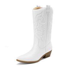 White Boots For Western-themed Fall Events, White Mid-calf Boots For Ranch In Fall, Western Knee-high Boots For Spring, Trendy Boots For Western-themed Events In Spring, Western Style Wide Calf Knee-high Boots For Spring, White Mid-calf Boots For Fall Rodeo, White Western Knee-high Boots With Wide Calf, White Wide Calf Western Knee-high Boots, White Western Heeled Boots With Wide Calf