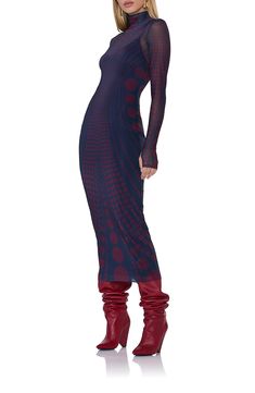 This gauzy mesh dress with a scrunched turtleneck, thumbhole cuffs and a smooth, curve-hugging silhouette features a graphic print that makes a bold impression. Slips on over head Turtleneck Long sleeves with thumbhole cuffs Slip lining 95% polyester, 5% spandex Machine wash, tumble dry Imported Fitted Long Sleeve Ruched Mesh Dress, Chic Fitted Mesh Dress, Long Sleeve Mesh Dress With Ruched Detail, Sheer Fitted Mesh Dress, Fitted Sheer Mesh Dress, Chic Fitted Mesh Dress With Mesh Sleeves, Fitted Midi Dress With Mesh Sleeves, Fitted Dress With Sheer Sleeves For Winter, Sheer Fitted Dress With High Neck