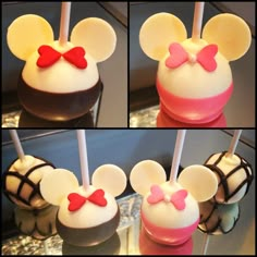 three pictures of mickey mouse cake pops with fondant and bow tie decorations on them