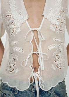 Embroidered blouse with bows - Woman | MANGO USA European Summer Outfits, Bow Women, Tie Front Top, Tie Front Blouse, Tie Blouse, Front Tie Top, Elbow Length Sleeve, Cut Work, Embroidered Blouse