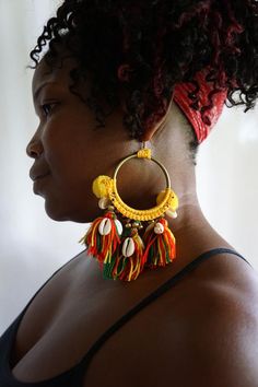 Big Brass Gold Hoop Red Gold Green Rasta Tassel Fringe Boho Beaded Statement Earrings Carnival Outfit Carribean, Rasta Earrings, Green Statement Earrings, Mint Fashion, Pom Earrings, Silver Jewelry Accessories, Cowry Shell, African Accessories, Pom Pom Earrings