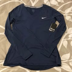 Womens Xl Nike Pro Long Sleeve, Navy. Nwt Sports Tops Women, Nike Compression Shirt Woman, Vintage Nike Clothes, Athletic Wear Aesthetic, Nike Clothes Women, Compression Shirts Women, Cute Long Sleeve Shirts, Volleyball Clothing, Nike Shirts Women's