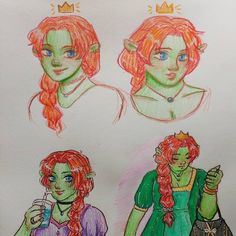 three different colored drawings of women with red hair