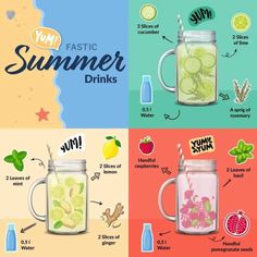 four different types of drinks in mason jars with the words summer drinks written on them