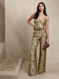 Eclat Wide-Leg Pant | Banana Republic Cocktail Party Outfit Pants, Wedding Guest Pants, Modern Blouse Designs, Brocade Dresses, Cocktail Attire, Dress Indian Style, Holiday Party Outfit, Beautiful Blouses, Fit N Flare Dress