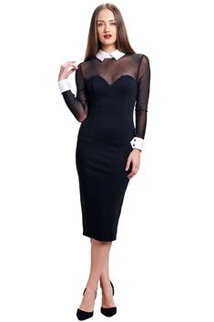 Wear this body skimming dress to any cocktail party and you will be the epitome of glamour and sophistication in our illusion neckline tuxedo dress with a color block collar, double button cuffs, sheer long sleeves and a keyhole back with single button closure. Pair it with a pair of black or red pumps! Fabrication, shell: rayon / nylon / spandex Ponte Contrast white cuffs and collar: rayon / nylon / spandex Ponte Contrast nylon mesh Lining: polyester / spandex Fully lined Bra friendly Self cove Luxury Collared Semi-formal Dress, Black White Collar Dress, White Collar Black Dress, Black Ans White 3/4 Sleeve Coctail Dress, Semi-formal Black Blazer Dress With Hidden Button Closure, Dress With Mesh Sleeves, Mandarin Dress, Mermaid Midi Dress, Bianca Dress