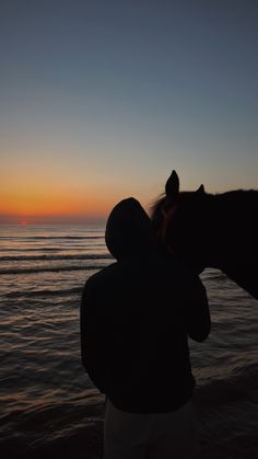 a person standing next to a horse near the ocean at sunset or sunrise with its head on his shoulder