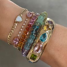 Classic Rainbow Semiprecious Beaded Bracelet – Milestones by Ashleigh Bergman Old Lady Jewelry, Gold And Gemstone Jewelry, Artsy Jewelry Aesthetic, Unique Gemstone Jewelry, Unique Pieces Clothing, Chunky Colorful Jewelry, Gem Bracelets Stones, Beaded Bracelet Color Combos, Unique Clothing Pieces