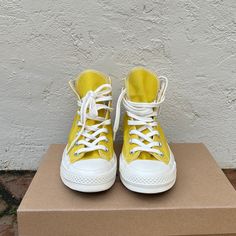 New Without Tags Converse High Top Sneakers In A Bright Yellow. Rare Model With White Lettering On Heel. Yellow High-top Canvas Sneakers, Yellow Converse Canvas Sneakers, Yellow Canvas Lace-up High-top Sneakers, Yellow Lace-up Canvas High-top Sneakers, Yellow Canvas Sneakers With Round Toe, Yellow High-top Sneakers With Vulcanized Sole For Spring, Yellow Canvas Sneakers For Spring, Yellow Lace-up Canvas Sneakers, Summer Converse High-top Sneakers