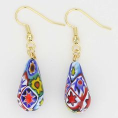 Murano Mosaic Millefiori Drop Earrings - Gold Colorful Dangle Earrings For Gift, Multicolor Teardrop Flower Earrings, Multicolor Teardrop Flower Earrings As Gift, Elegant Colorful Drop Earrings Jewelry, Elegant Handmade Colorful Earrings, Elegant Multicolor Beaded Earrings For Pierced Ears, Elegant Multicolor Beaded Earrings For Gifts, Elegant Colorful Drop Earrings, Multicolor Dangle Teardrop Earrings For Gift