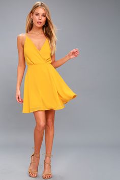 RD9050: MUSTARD 2 Mustard Outfits, Yellow Dress Outfit, Yellow Wrap Dress, Dress For Teens, Recruitment Outfits, Yellow Mini Dress, Wedding Guest Attire, Yellow Dresses, Dress Graduation