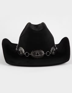 Womens Boho Cowboy Hat - BLACK | Tillys Black Cowboy Hat Decorated, Leather Cowgirl Hat, Woven Cowgirl Hat, Cowboy Witch Hat, Cowgirl Hat Styles, Black And Gold Cowgirl Outfit, Black Western Hat, Cowgirl Hats Black, Mexican Hats For Women