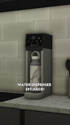 a water dispenser sitting on top of a counter next to a stove