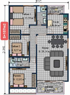 villa constituer de: 💥 une terrasse principale ; un grand séjour ; 3chambre moderne ; une cuisine moderne avec terrasse . S=107m2 Workbench Plan, Small House Plan, Country House Plan, Building Plan, Modern House Plan, Community Building, Family House, Community Group