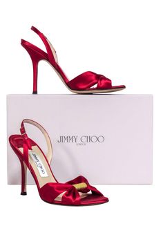 Designer High Heels, Red Satin, Back Strap, Perfect Party, Red And Gold, Satin Fabric, Open Toe, Jimmy Choo, Heel Height