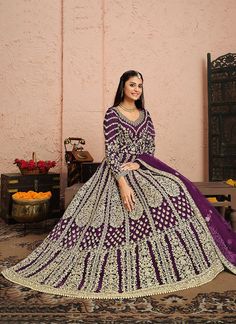 Purple Anarkali Suit Embellished Anarkali Set For Festivals, Festive Embellished Anarkali Set, Festival Embellished Anarkali Set, Embellished Anarkali Set For Diwali, Embellished Anarkali Churidar For Diwali, Anarkali Churidar With Intricate Embroidery For Diwali, Embellished Churidar For Diwali, Embellished Anarkali Churidar For Festive Occasions, Festive Anarkali Embellished Churidar