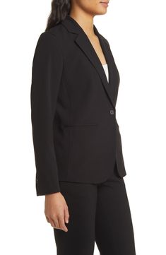 Princess seams and a solitary button keep this jacket looking polished and professional for your 9-to-5 agenda. 24 1/2" length One-button closure One-button cuffs Front welt pockets Lined 63% polyester, 33% viscose, 4% elastane Dry clean Point of View Tailored Button-up Blazer For Career, Classic Career Blazer With Welt Pockets, Classic Blazer With Welt Pockets For Career, Professional Single Button Blazer For Work, Sleek Blazer With Buttons For Workwear, Classic Blazer With Buttons For Workwear, Classic Blazer With Button Closure For Office, Tailored Professional Sport Coat For Workwear, Modern Flat Front Sport Coat For Workwear