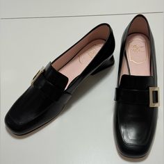 Roger Vivier Viv Rangers Leather Buckle Heeled Loafers, Black, Size 39.5. New In Box. Might Have Some Minor Scratches On The Smooth Leather. Not Very Noticeable. Please Refer To The Pictures Black Square Toe Leather Shoes For Office, Black Patent Leather Loafers With Square Toe, Chic Loafers With Low Heel In Calf Leather, Elegant Slip-on Court Shoes For Office, Square Toe Calf Leather Loafers For Office, Luxury Square Toe Leather Shoes For Office, Luxury Square Toe Leather Office Shoes, Luxury Leather Shoes With Square Toe For Office, Elegant Slip-on Court Shoes With Rubber Sole