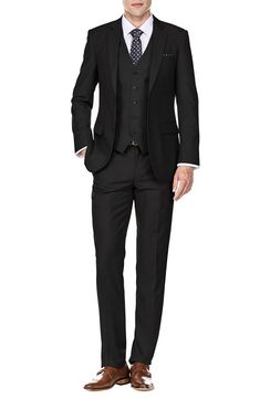 Bring understated elegance to the table in this three-piece suit crafted from rich fabric in a classic single-breasted silhouette. Jacket has notched lapels; chest welt pocket; front flap pockets Vest has front button closure; V-neck Pants have zip fly with button closure; front slant pockets; back button-welt pockets Jacket and vest are lined; trousers are lined to the knee 65% polyester, 35% viscose Dry clean Imported Each suit has a 6” drop, meaning that a size 38R jacket is paired with size Office Outfit Men, Pocket Vest, Silver Jewelry Box, Black Office, Rich Fabric, Three Piece Suit, Mexico Wedding, Pocket Jacket, 3 Piece Suits