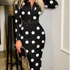 Polka Dot Print Long Sleeve Belted Dress Size 8/10 Bust 34 Hip 30 Polka Dot Midi Dress For Work In Fall, Long Sleeve Polka Dot Dress For Night Out, Chic Polka Dot Dress For Night Out, Fitted Polka Dot Midi Dress For Date Night, Polka Dot Midi Dress For Fall Workwear, Fitted Polka Dot Midi Dress, Polka Dot Dresses For Night Out In Fall, Polka Dot Dress For Night Out In Fall, Chic Fitted Polka Dot Dress