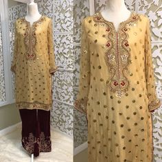 Women's Gold Chiffon Shirt with Embroidery & Velvet Bell | Etsy Gold Silk Palazzo Set For Transitional Season, Gold Embroidered Palazzo Set For Transitional Season, Gold Silk Palazzo Set With Sheer Dupatta, Elegant Yellow Kurta With Mirror Work, Embroidered Gold Palazzo Set For Eid, Gold Embroidered Georgette Churidar, Gold Unstitched Suit With Dabka Work For Transitional Season, Semi-stitched Gold Silk Palazzo Set, Traditional Gold Palazzo Set With Mirror Work