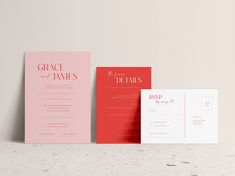 three different colored wedding cards sitting on top of each other, with the word grace and james printed on them