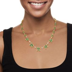 Ross-Simons - 12.00ct t. w. Emerald Floral Necklace, 3.20ct t. w. White Topaz Over Sterling. 18". Grow a beautiful jewelry box, starting with this lush emerald statement! Our lovely necklace features 12.00 ct. t. w. pear-shaped emeralds in pretty flower stations with 3.20 ct. t. w. round white topaz sparkling in between. Crafted in polished 18kt yellow gold over sterling silver. Includes a 2" extender. Lobster clasp, white topaz and emerald floral necklace. Emerald birthstones are the perfect gift for May birthdays. Necklace Emerald, Emerald Birthstone, Pretty Flower, Floral Necklace, Lovely Necklace, White Topaz, Pretty Flowers, Pear Shaped, Lobster Clasp