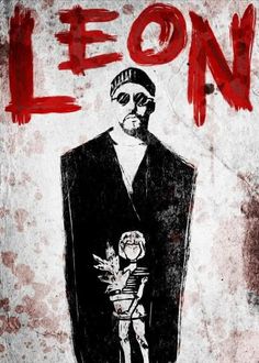 a drawing of a man in a suit and hat with the words leon on it