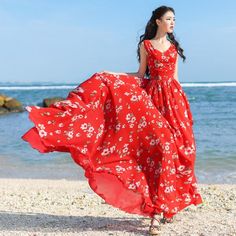 Floral Print Chiffon Dress, Bohemian Beach Dress, Red One Piece, Good Clothes, High Waist Dress, Clothes To Make, Long Summer Dresses, Skirts And Dresses