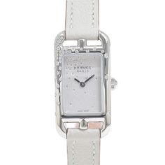 Used Hermes Nantucket Ladies Silver Dial Ss Diamond Leather Quartz Na2.131 Watch (Sku: Gzyzcx) === General === Brand : Hermes === Design === Type : Wristwatch Gender : Women Material (Case) : Stainless Steel Material (Band) : Leather Color (Dial) : Silver Gemstone : Diamond === Movement === Movement : Quartz === Size === Case Diameter : 17mm / 0.67'' === Included Items === Accessories : Inner Box, Outer Box, Warranty Accessories Notice : Before Purchasing, Please Refer To The Images Of The Acces Hermes Watch Women, Designer Wishlist, Womens Designer Watches, Hermes Watch, Hermes Design, Hermes Jewelry, Hermes Accessories, Diamond Watch, Wrap Watch