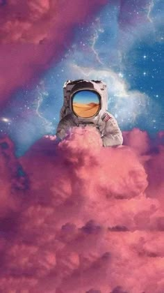 an astronaut floating in the sky with clouds and stars above it, looking out into space