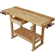 a wooden workbench with two drawers and wheels on the bottom, holding tools